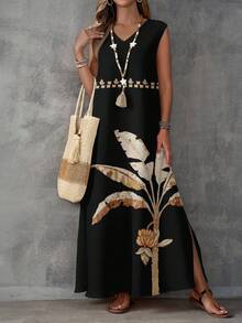 EMERY ROSE 女士休闲无袖V领波西米亚风沙滩长裙，黑白复古热带植物和斑马纹印花，开衩设计，梭织面料，完美适合春夏、西部风情节日和海岛女孩风格。 - 彩色 - 查看 2