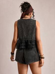SHEIN LUNE Dark Green,Summer,Boho,Holiday Women's Plus-Size Cotton 2pcs Set:Snowflake Washed Babydoll Sleeveless Tie Front Peplum Top & Elastic Waist Shorts Set - Black - View 6