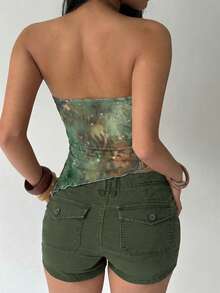 Aloruh Áo croptop gợi cảm phong cách Y2K với cổ khoét sâu đính hạt, trang trí kim loại, họa tiết da báo, chất liệu vải lưới, màu xanh lá cây, thích hợp cho các bữa tiệc, lễ hội âm nhạc, Ngày Thánh Patrick. - màu xanh lá - Xem 4