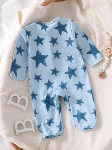 Newborn Baby Blue Star Print Long Sleeve Jumpsuit Romper Pajamas - Blue - View 2