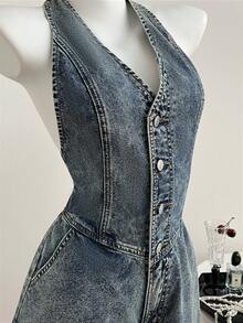 Elamini 女士露背系带牛仔连体裤，时尚百搭，适合约会和外出穿着 - 中等水洗藍 - 查看 5