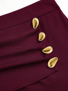 Sweetra Pantaloni da donna taglie forti con decorazione fibbia 2 in 1, snellenti, eleganti, versatili, adatti per l'ufficio e il casual, gamba dritta, autunno/inverno - Bordò - Visualizzare 5