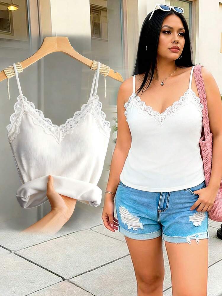 Franclia 大码女式纯色蕾丝拼接优雅V领抹胸吊带背心，时尚女装秋冬上衣，女士天鹅绒蕾丝打底衫，适合秋冬季穿着 - 白色 - 查看 3