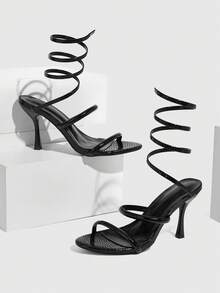 CUCCOO SZL Women's High Heel Sandals, Thin Heel, Snake-Shaped Rhinestone Embellished Valentine's Day - Black - View 3