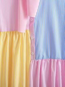 SHEIN 两件套少女休闲时尚衬衫裙+披肩套装，多色条纹撞色衬衫裙，喇叭袖，中长款连衣裙，适合度假、日常穿着、上学等场合。 - 彩色 - 查看 7