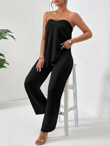 Firerie Bộ đồ thời trang 2 mảnh dành cho nữ, gồm áo quây và quần dài màu trơn, vạt bất đối xứng. - màu đen - Xem 6