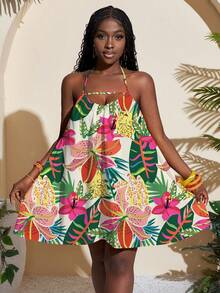 Slaydiva Spring/Summer Women's Sleeveless Halter Mini Dress/New Music Festival/Western /Boho/Easter/Nashville/Birthday/Graduation Student Daily/Casual All-Match Versatile Leisure/Cruise/Travel Beach Sunbathing/Vacation/Vibrant Floral Sleeveless Halter Mini Dress - Multicolor - View 5