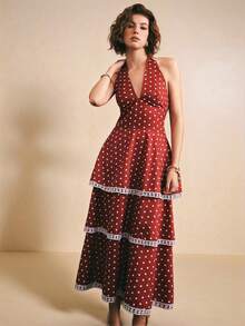 Poéselle 女士波点印花多层露背复古连衣裙 - 紅色 - 查看 4
