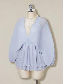 SHEIN ICON 女士优雅纯色蝙蝠袖迷你连衣裙 - 淺藍色 - 查看 3