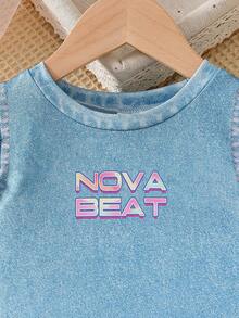 SHEIN 女童字母和卡通女孩印花圆领短袖连衣裙 - 藍色 - 查看 3