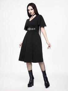 Spring/SummervacationWomen's Vintage Gothic Sun & Moon Embroidery V-Neck Contrast Lace Mini Dress, Spring/Summer - Black - View 4