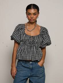 COUREZ PUFF SLEEVE BACKLESS SHIRT IN MICRO CHECK - Black and White - View 2