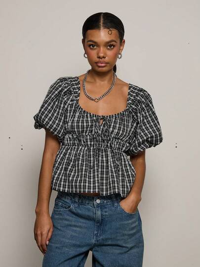 COUREZ PUFF SLEEVE BACKLESS SHIRT IN MICRO CHECK