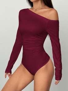 FavEase Body ajustado de manga larga con hombros oblicuos, cintura fruncida y estilo casual para mujer, otoño - Burdeos - Ver 5