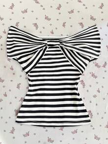 Elamini Women's Elegant Off-Shoulder Striped T-Shirt, Versatile For Daily Wear And Commuting, Fashionable Black And White, Spring/Summer - Multicolor - View 1