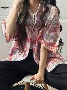 FRIFUL Women's Spring/Summer Plaid Short Sleeve Layered Loose Casual Versatile Blouse - Multicolor - View 6