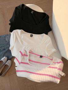 Comfortcana 3件套女士基础款圆领短袖T恤，黑白配色 - 粉色 - 查看 3