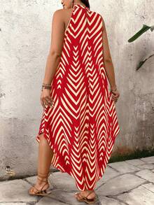 EMERY ROSE Plus Size Women Vacation Striped Casual Fashion Halter Dress - Red - View 4