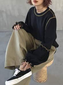 FRIFUL 女士休闲宽松撞色拼接圆领长袖T恤，秋季款 - 黑色 - 查看 7