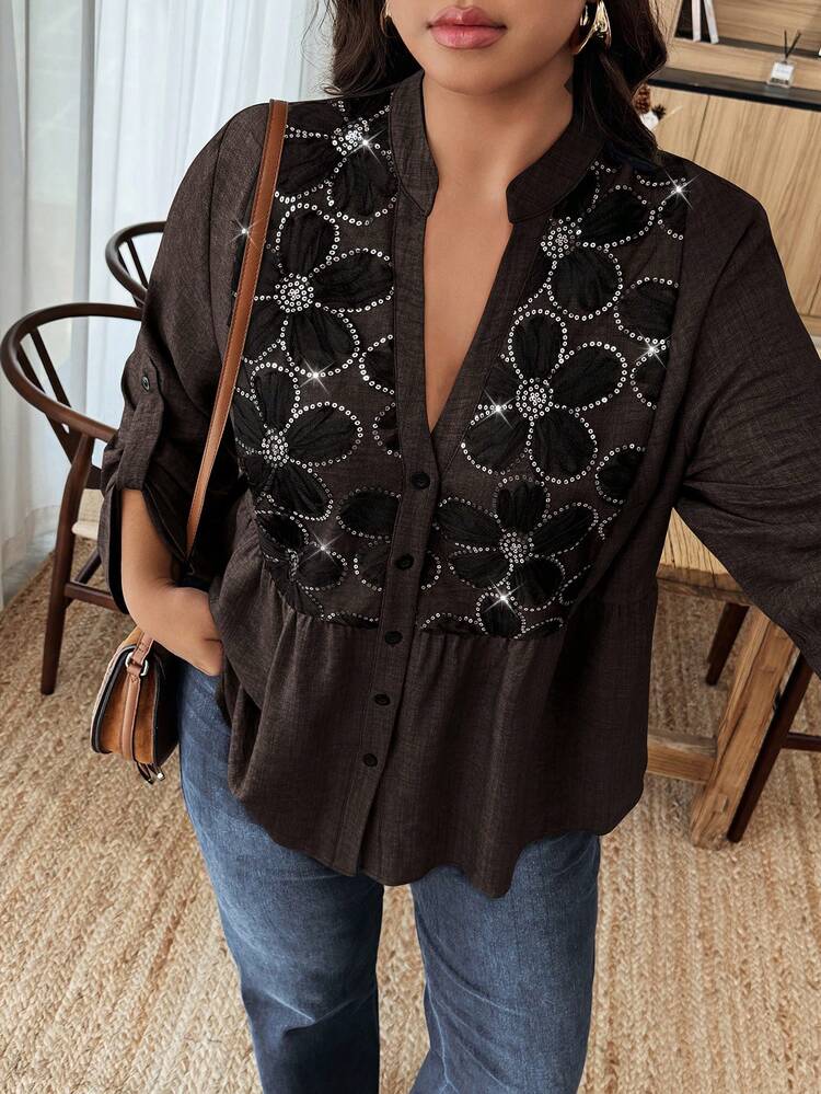 Weeklong Camicia casual con bottoni davanti, con motivo floreale e paillettes, per taglie comode, adatta per l'autunno - Verde militare - Visualizzare 3