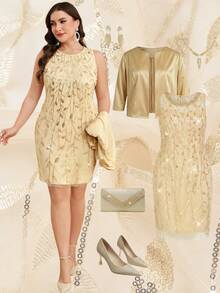 Ellevyn 大码优雅派对亮片刺绣连衣裙和外套两件套 - 金色 - 查看 1