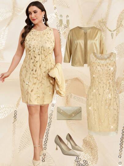 SHEIN Clasi Curvy Plus Size Elegant Two-Piece Suit: Gold Champagne 7/4 Sleeve Jacket + Round Neck Sleeveless Shiny Sequin Embroidered Waist Hip-Length Dress,Spring And Summer Clothes For Women,Spring And Summer Clothes Plus Size , Plus Size Gold Champagne Formal Dress Plus Size Evening Gown Curve Formal Evening Gown,Mother Of The Bride Dress Plus Size,Suitable For Various Occasions, Saudi National Day Dress, New Year Dress ,Long Party Dresses , Curvy Party Dresses,Going Out ,Graduation Dress For Women ,Long Graduation Dress , Elegant Long Graduation Dress , Ball Gown , Prom Dresses For Women , Formal Ball Gowns For Women , Prom Dress Plus Size,Sparkly Dress ,Night Out,Date Night Outfits Women,Mother Of The Bride Dresses For Wedding,Formal Dresses For Women ,Luxury Dress,Chic Evening Dress,Civil,Party,2026 New,Elegant Party Dress,Long Party Dress ,Chic Dress ,Women's Formal Wear,Valentine's Day Dress ,Summer Dress, Women Dresses Autumn Winter ,Elegant Party Dress, Luxury