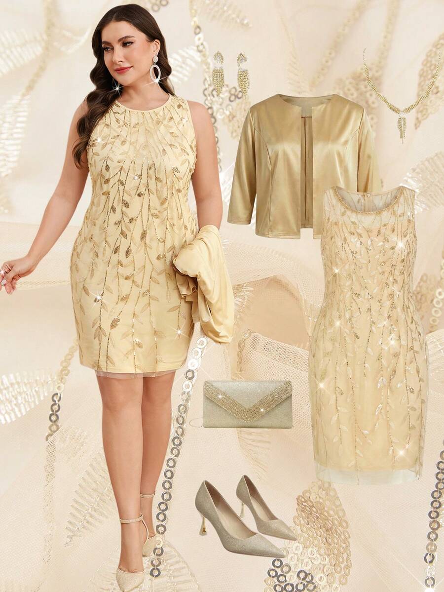 Ellevyn 大码优雅派对亮片刺绣连衣裙和外套两件套 - 金色 - 查看 1