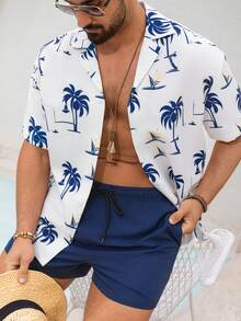 Manfinity KASUA Bộ đồ đi biển cỡ lớn dành cho nam giới, gồm áo sơ mi ngắn tay và quần short in hình cây cọ. - Màu xanh hải quân - Xem 8