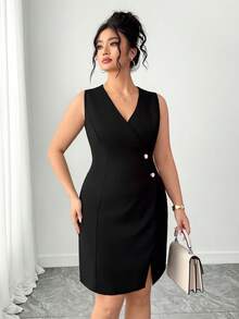 SHEIN Elenzya Đầm xẻ tà thanh lịch, tối giản, cỡ lớn dành cho mùa hè, với điểm nhấn là hàng cúc. - màu đen - Xem 5