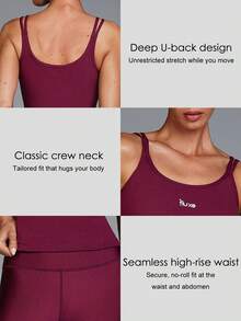 Menodora SHEIN Sport Women's Burgundy Ribbed Berry Performance Cami Top, Summer Athletic Slim-Fit Scoop Neck Spaghetti Straps, Breathable Stretch Knit For Gym & Studio Workouts - Purple - View 8