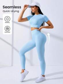 Gameset SHEIN Sport Solid Seamless High Stretch Crop Tee & Leggings Workout Women Set Women Leggings Set Gym Women Outfit - Baby Blue - View 6