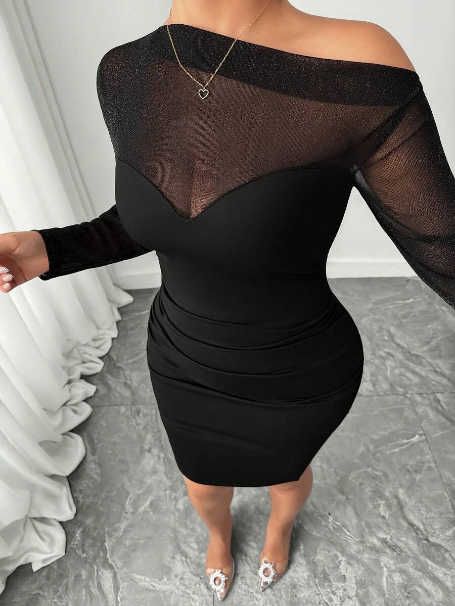 Elenzga New Spring/Summer Asymmetric Shoulder Shiny Mesh Patchwork Slit Bodycon Sexy Women Dress - Black - View 1