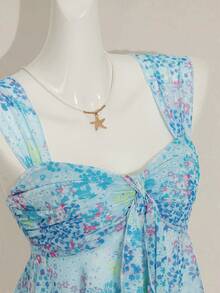 SHEIN ICON 女士碎花不对称下摆可爱碎花衬衫，甜美夏秋上衣女装 - 藍色 - 查看 9