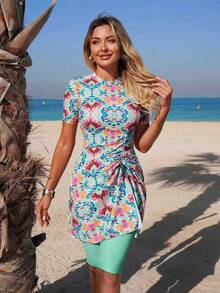 Swim Mulvari 2pcs Women's Fashion Side Ruched Split Design Short Sleeve Swimsuit Top And Regular Mid-Thigh Bikini Bottom Burkini Set, Spring/Summer - Multicolor - View 4