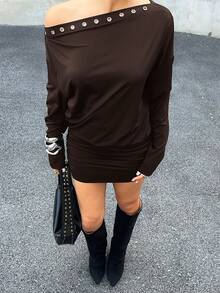 Siren Gaze 女士纯色斜肩镂空设计长袖时尚迷你连衣裙 - 咖啡棕 - 查看 1