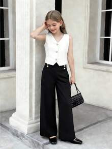 SHEIN 2pcs/Set Tween GirlsColorblock Fashion Set, Colorblock Button Design - Black - View 4