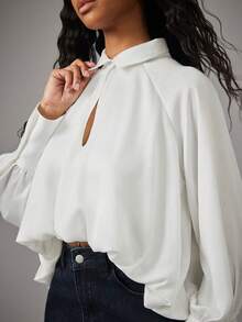 NYA SZN Top Long Sleeve Button Up Collar Bubble Hem White Cold Weather Valentine's Day Easter Spring Summer Beach Vacation Travel Office Business Outfits For Women - White - View 5