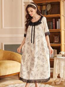 PalaceNights Áo ngủ tay ngắn kiểu cung đình dành cho nữ, họa tiết hoa, viền ren tương phản. - Màu be - Xem 3