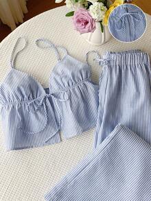 SHEIN PETITE CURVE Bộ đồ nữ cỡ lớn đi nghỉ mát gồm áo hai dây kẻ sọc buộc dây phía trước và quần ống rộng, set 2 mảnh thường ngày, bộ đồ mùa hè nữ, set đồ cotton 2 mảnh họa tiết kẻ caro. - Xanh và trắng - Xem 5