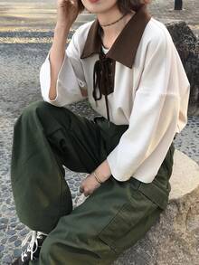 FRIFUL Women's Apricot Patchwork Contrast Color Drawstring Bow Textured Loose Casual Versatile T-Shirt - Apricot - View 5