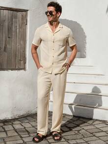 VIVINTIMO 2pcs Men's Solid Color Pocket Front Button Short Sleeve Shirt And Drawstring Long Pants Casual Set, Cozy Outfits - Beige - View 4