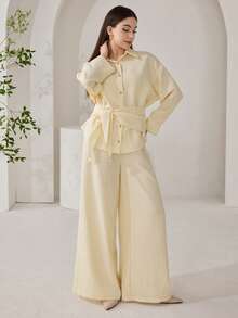 2件套女士简约通勤纯色纽扣衬衫和裤子套装，秋季 - 黃色 - 查看 6