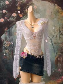 EgrlEra Women's Sexy Lace Deep V-Neck Bodysuit - White - View 9