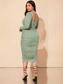 SHEIN BAE Vestido largo elegante y cómodo de talla grande con mangas de cordero negro, cuello cuadrado y detalles de malla para el otoño - verde menta - Ver 2