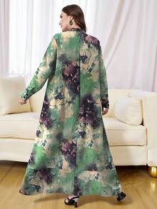 SHEIN Najma 大码女式扎染印花纽扣领长袖连衣裙，春夏款 - 彩色 - 查看 2