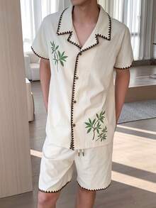DAZY Herren Sommer Palmen- und Buchstaben-Muster Kurzarm Hemd und Shorts Pyjama Set - Aprikosenfarben - Übersicht 5