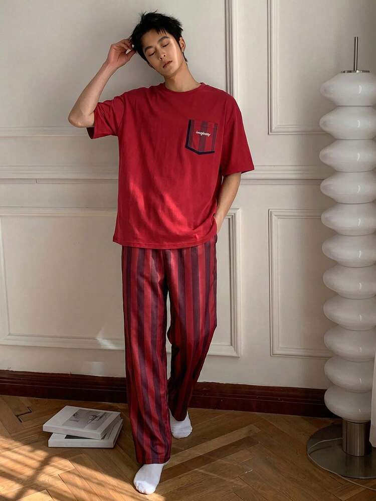 Red Short Sleeve Top And Pants Men's Pajama Set, Spring/Summer