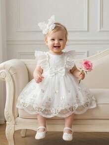 SHEIN 女嬰優雅網紗裙，配有蝴蝶結和繡花，褶邊設計 - 白色 - 查看 1