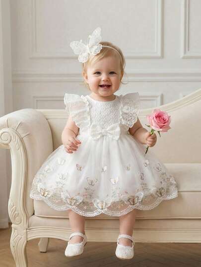SHEIN 女嬰優雅網紗裙，配有蝴蝶結和繡花，褶邊設計