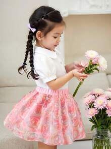 SHEIN 少女彩色3D玫瑰纹理网纱A字公主裙，百搭可爱甜美日常装扮 - 粉色 - 查看 3